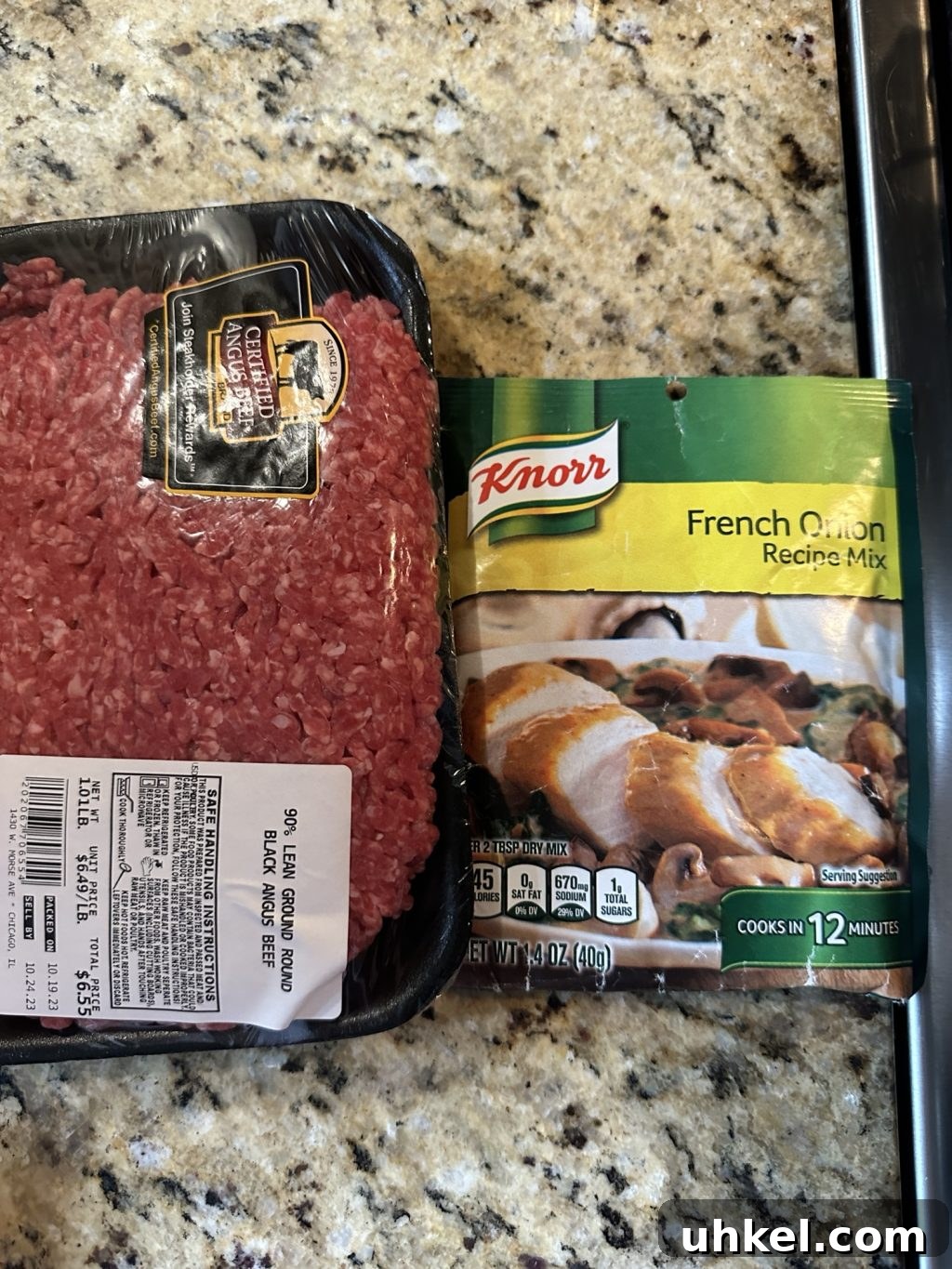 Spooky Onion Butter Burgers for Halloween Party Night 3 A package of 90% lean ground beef next to a package of Knorr French Onion mix.