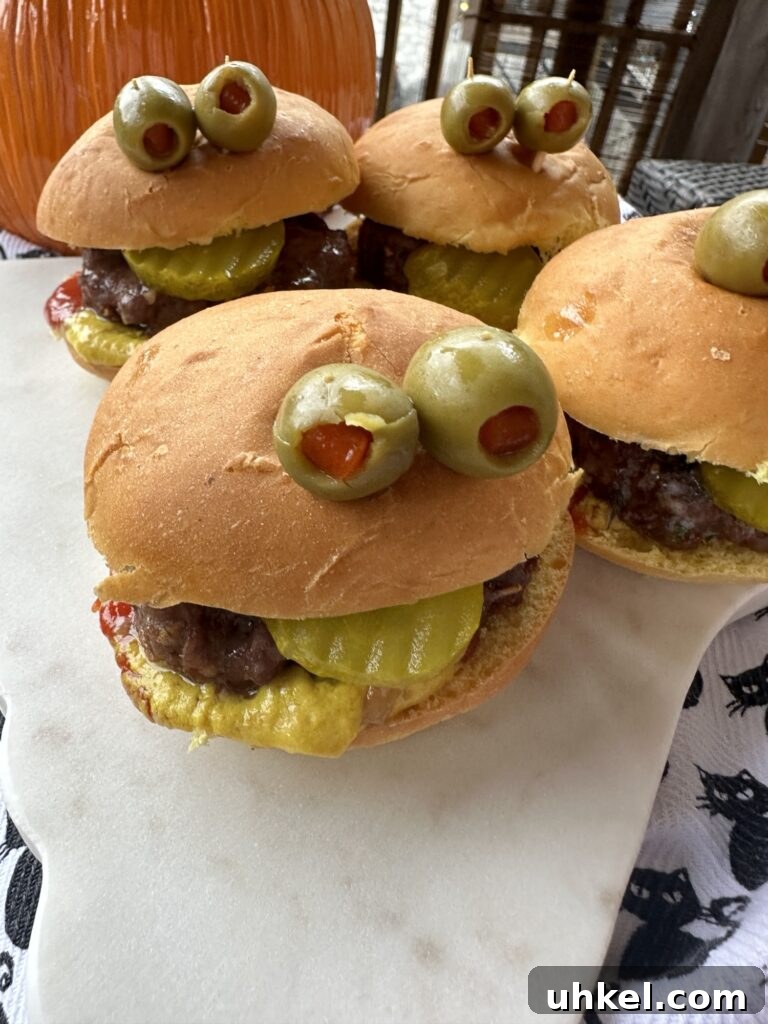 Spooky Onion Butter Burgers for Halloween Party Night 8 A close up of the Halloween Onion Butter Burgers.
