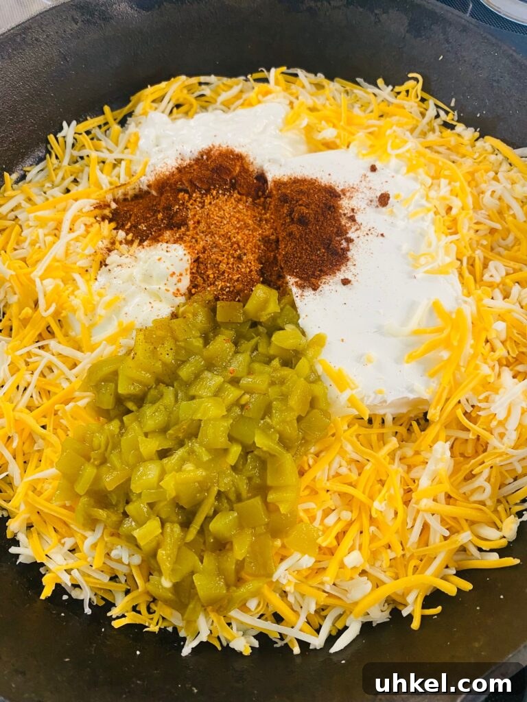 Blackstone Street Corn Dip Recipe for Grilled Skillet Corn 3 cheese and seasoning for the dip in a skillet