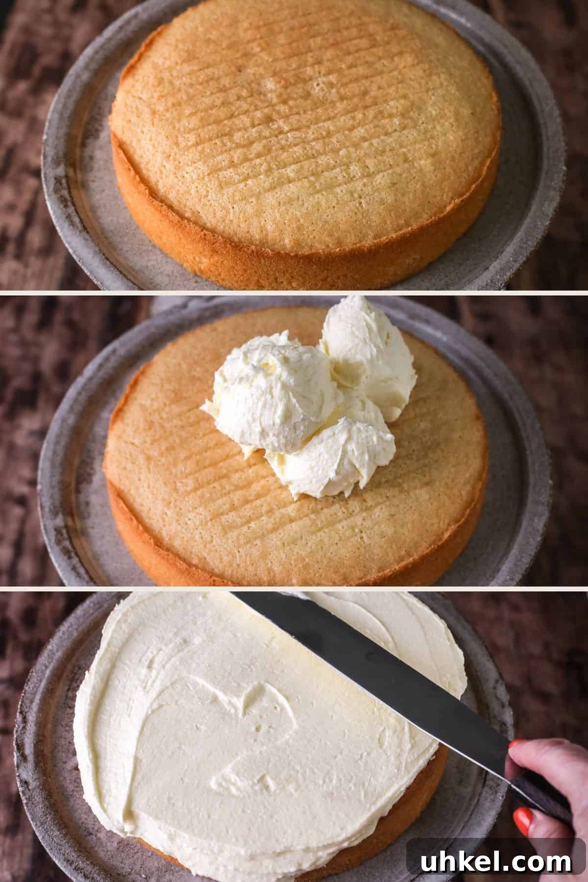 Coconut Cake Without Gluten: Moist Recipe for Allergy-Friendly Celebrations 15 First sponge cake placed on cake plate. Buttercream added on top then smoothed.