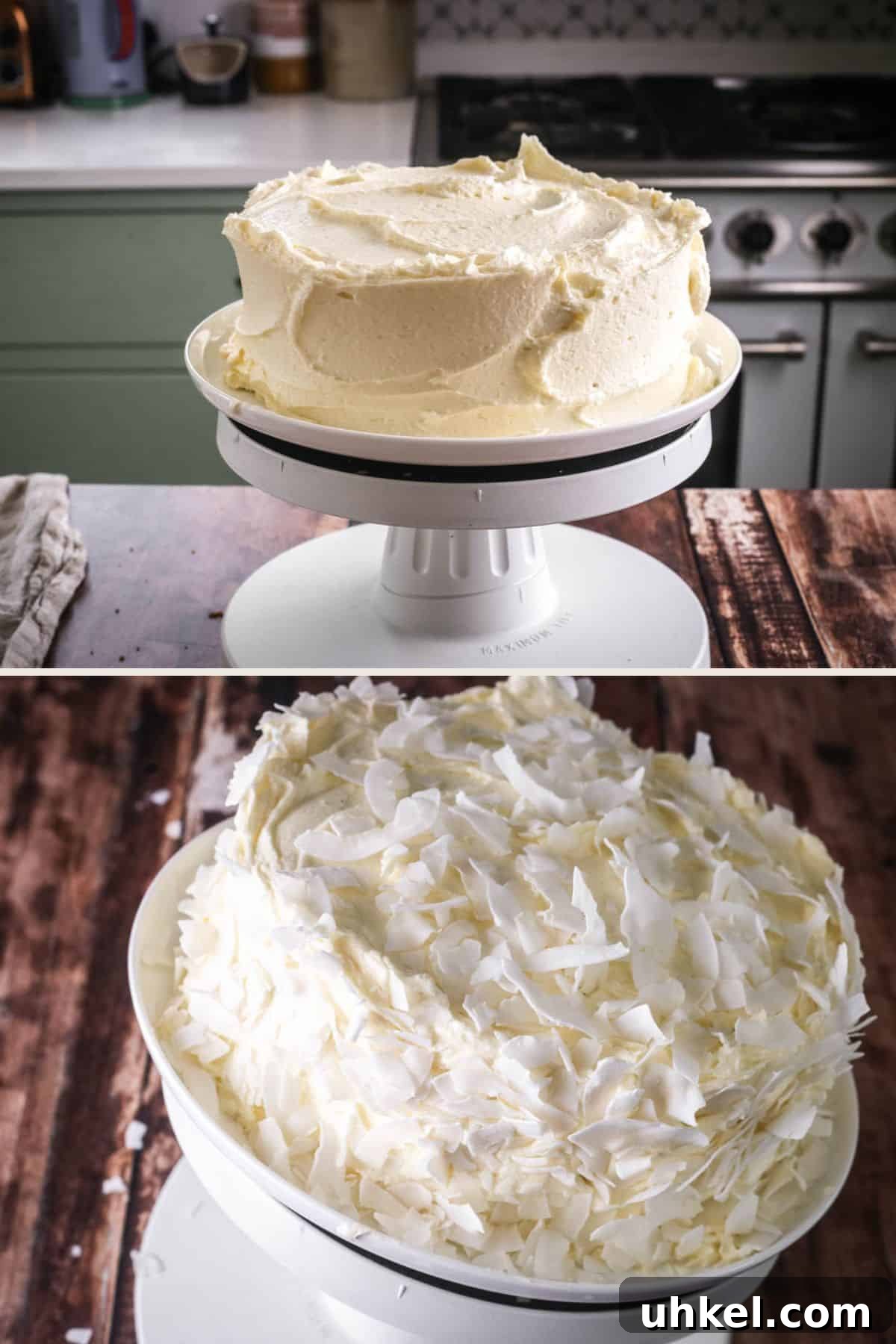 Coconut Cake Without Gluten: Moist Recipe for Allergy-Friendly Celebrations 17 Coconut buttercream covering the cake on a cake turntable. Turntable tilted so the cake can be decorated with the coconut flakes.