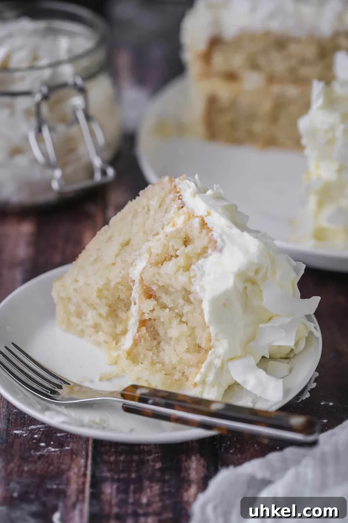 Coconut Cake Without Gluten: Moist Recipe for Allergy-Friendly Celebrations 21 Soft, moist and fluffy slice of gluten-free Coconut Cake on a plate with forkfuls taken out showing the tender crumb.