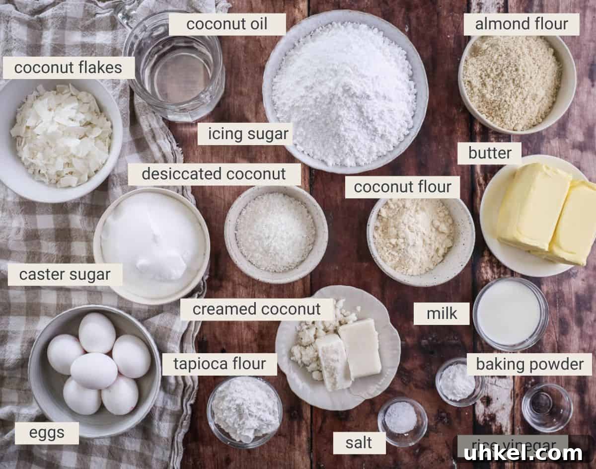 Coconut Cake Without Gluten: Moist Recipe for Allergy-Friendly Celebrations 4 Gluten-Free Coconut Cake ingredients on a table.