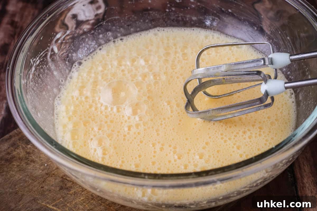 Coconut Cake Without Gluten: Moist Recipe for Allergy-Friendly Celebrations 7 Wet ingredients for Coconut cake mixed together in large mixing bowl.