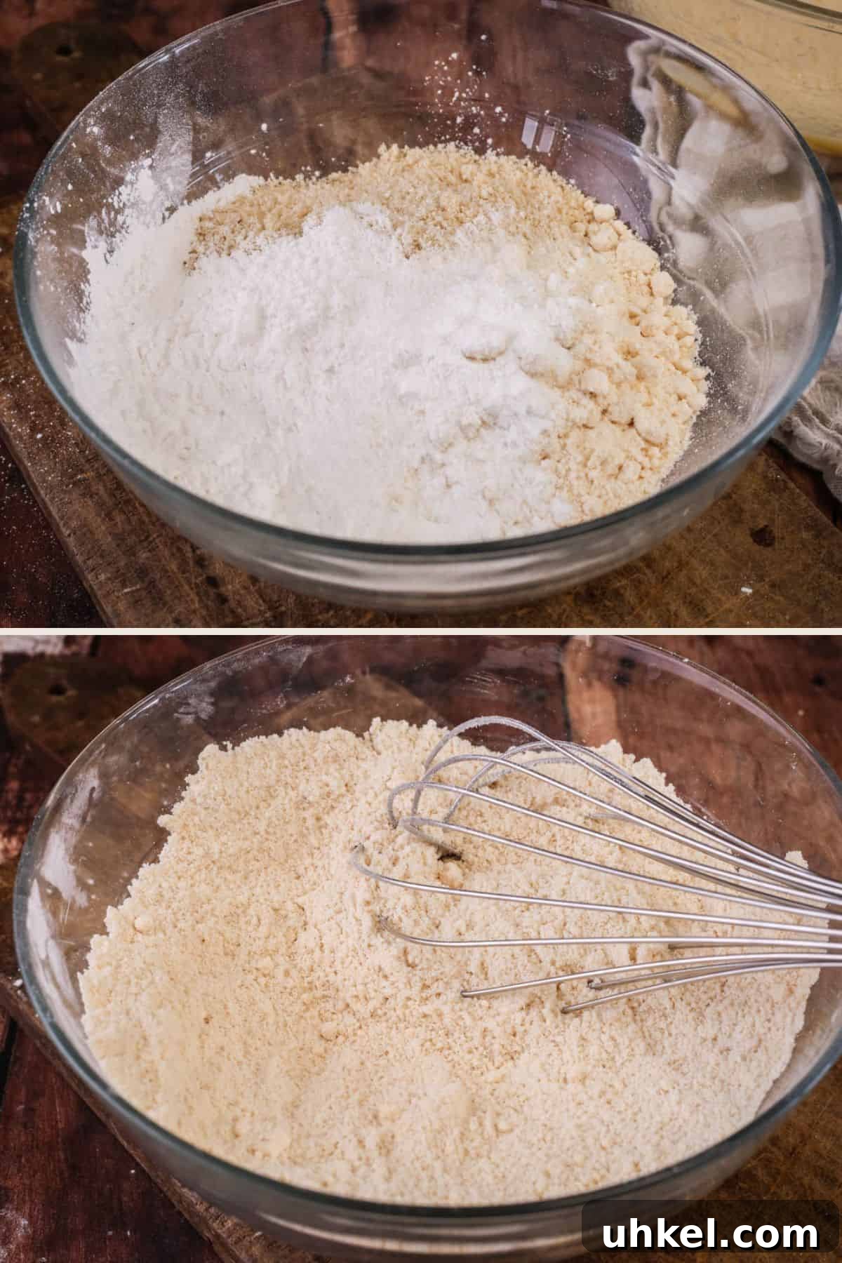 Coconut Cake Without Gluten: Moist Recipe for Allergy-Friendly Celebrations 8 Dry ingredients for coconut cake whisked together in a large glass mixing bowl.