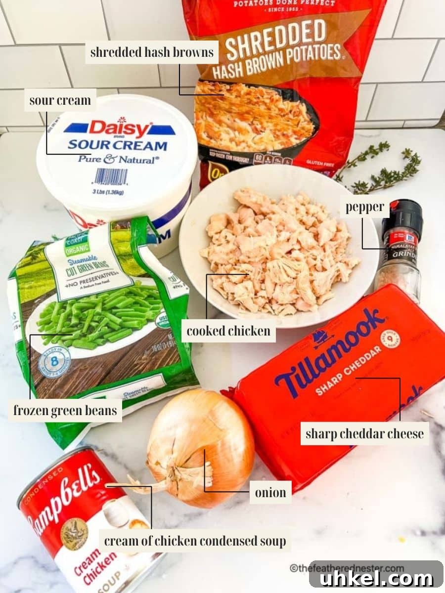 Crispy Hash Brown Chicken Casserole with Cheesy Topping 3 ingredients for chicken and potato hotdish.