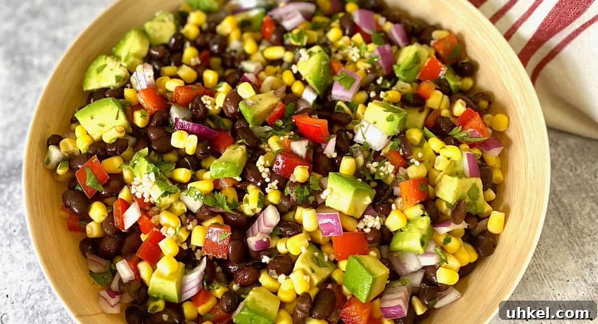 Overhead image of black bean and corn salad. 