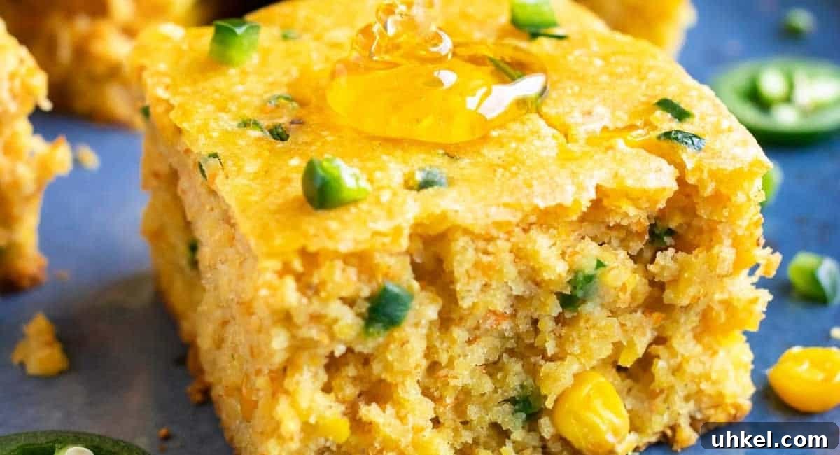 Up close image of jalapeno cornbread recipe with honey. 