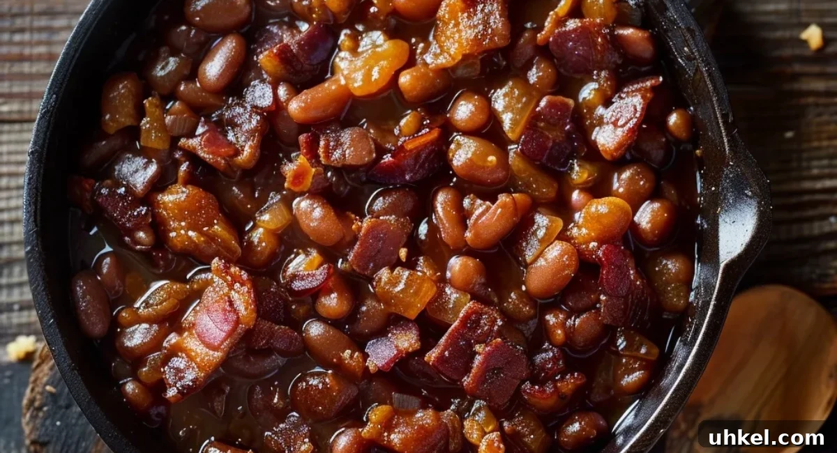 Overhead image of maple & bourbon baked beans. 