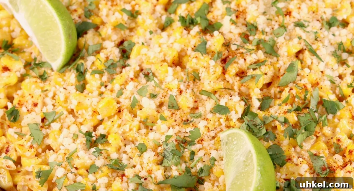 Up close image of skillet Mexican street corn. 