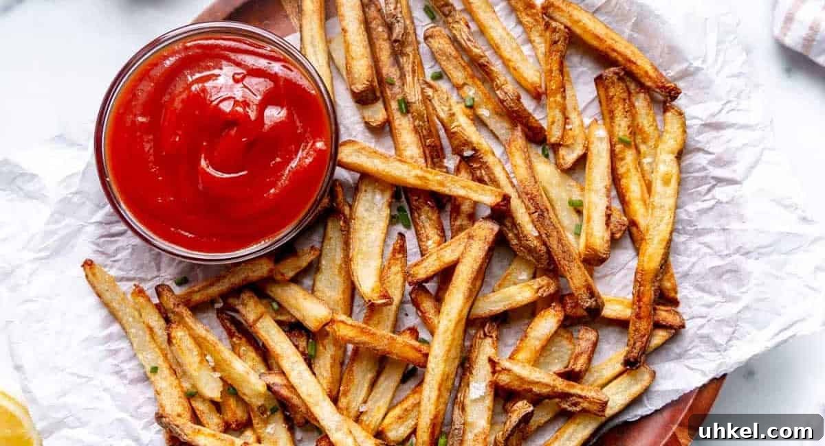 Overhead image of homemade french fries. 