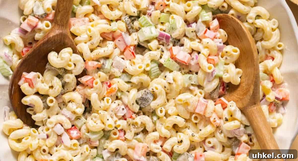 Overhead image of macaroni salad. 