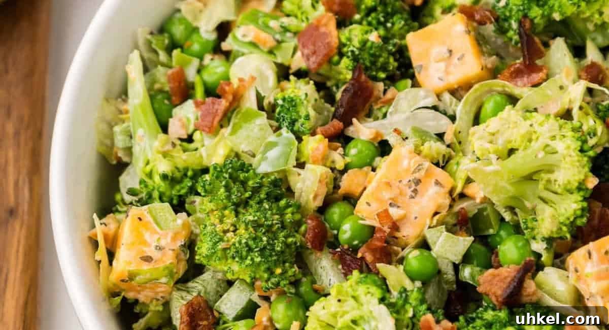 Overhead image of broccoli bacon salad. 