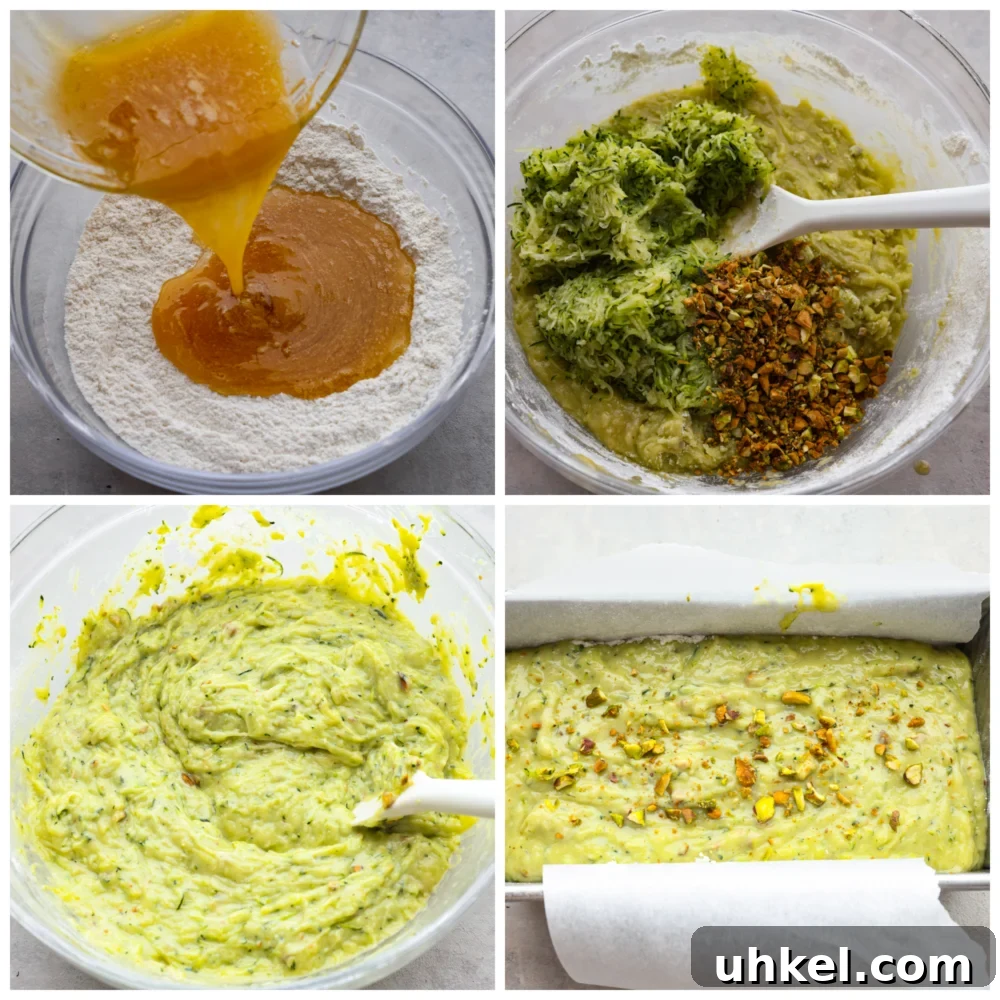 This deliciously soft pistachio zucchini bread is the perfect twist on a classic recipe. Packed with tons of unique flavor combinations from the pistachios and zucchini, you will LOVE this bread! 4 pictures showing how to make the batter, mix it together and add it to a loaf pan.