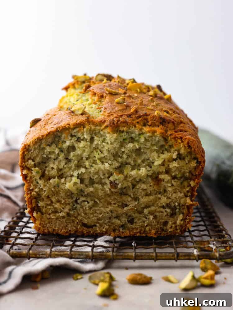 This deliciously soft pistachio zucchini bread is the perfect twist on a classic recipe. Packed with tons of unique flavor combinations from the pistachios and zucchini, you will LOVE this bread! The side view of a loaf of piztachio zucchini bread on a cooling rack with the end cut off.