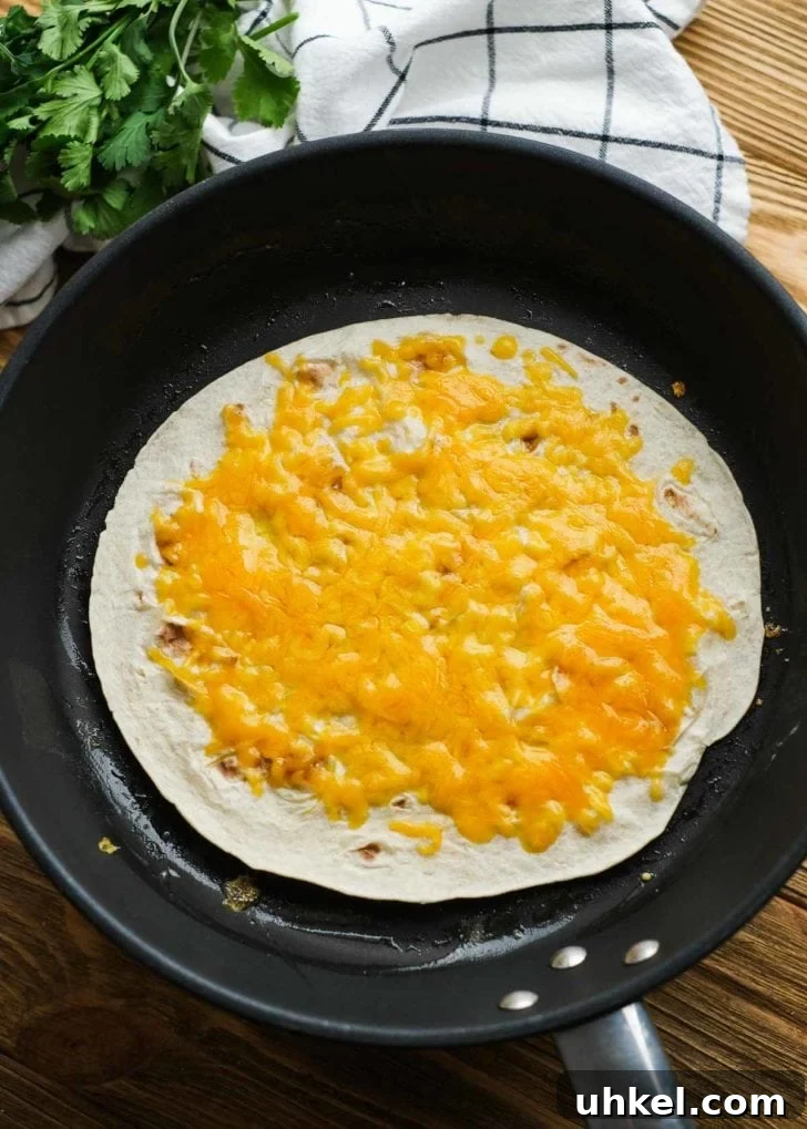 Chicken and Avocado Wrap Recipe for Quick Weeknight Meals 5 melted cheese on tortilla in a skillet