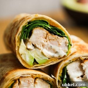 Chicken and Avocado Wrap Recipe for Quick Weeknight Meals 9 close up image of three chicken avocado wraps