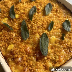Butternut Squash Mac and Cheese with Calabrian Chili Sage Breadcrumbs 4 A close-up of a baked dish in a rectangular pan. The dish has a golden breadcrumb crust and is garnished with fresh sage leaves. The edges are slightly browned, suggesting its freshly baked.