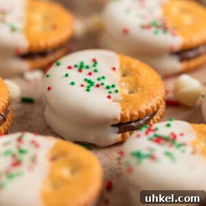 Nutella stuffed Ritz crackers dipped in white chocolate and covered with Christmas sprinkles.