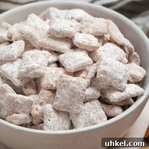 Cinnamon puppy chow chex mix in white bowl.