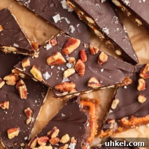 Pretzel toffee topped with pecans and sea salt.
