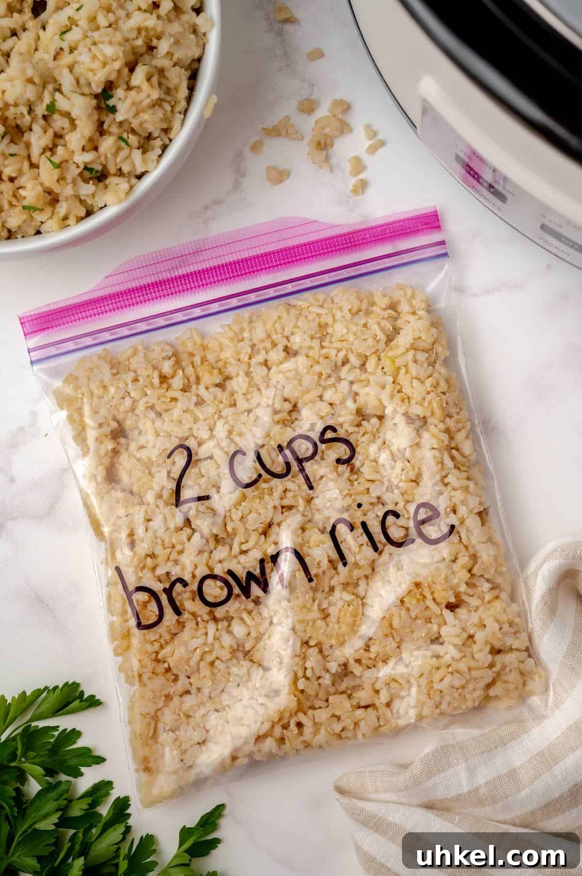 Slow Cooker Brown Rice: Perfect Crockpot Ratio for Fluffy Grains 6 Cooked brown rice stored in freezer bag.