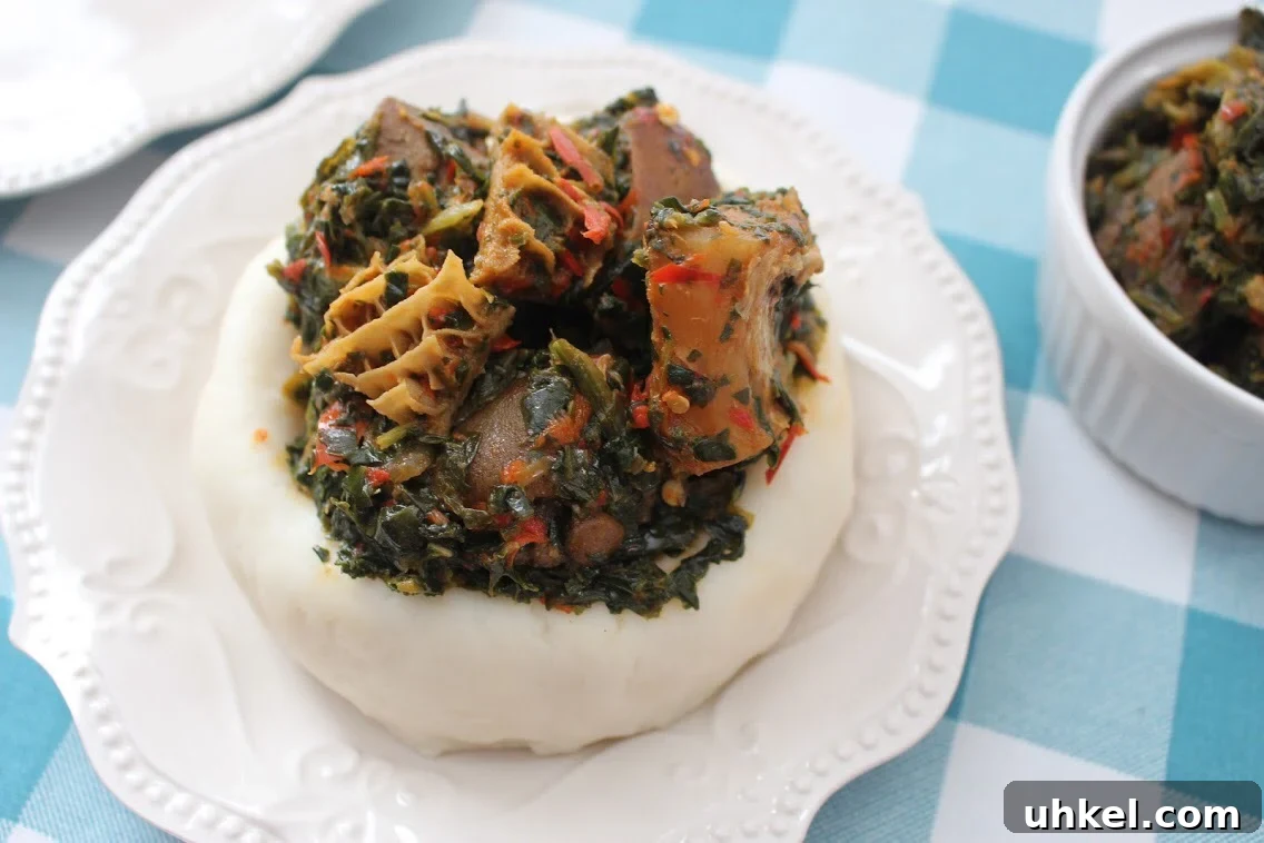 Efo Riro: Nigerian Spinach or Kale Stew Recipe 2 A bowl of Efo riro soup with fufu on a white plate
