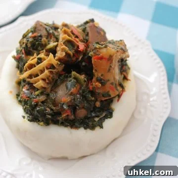 Efo Riro: Nigerian Spinach or Kale Stew Recipe 6 A bowl of Efo riro soup with fufu
