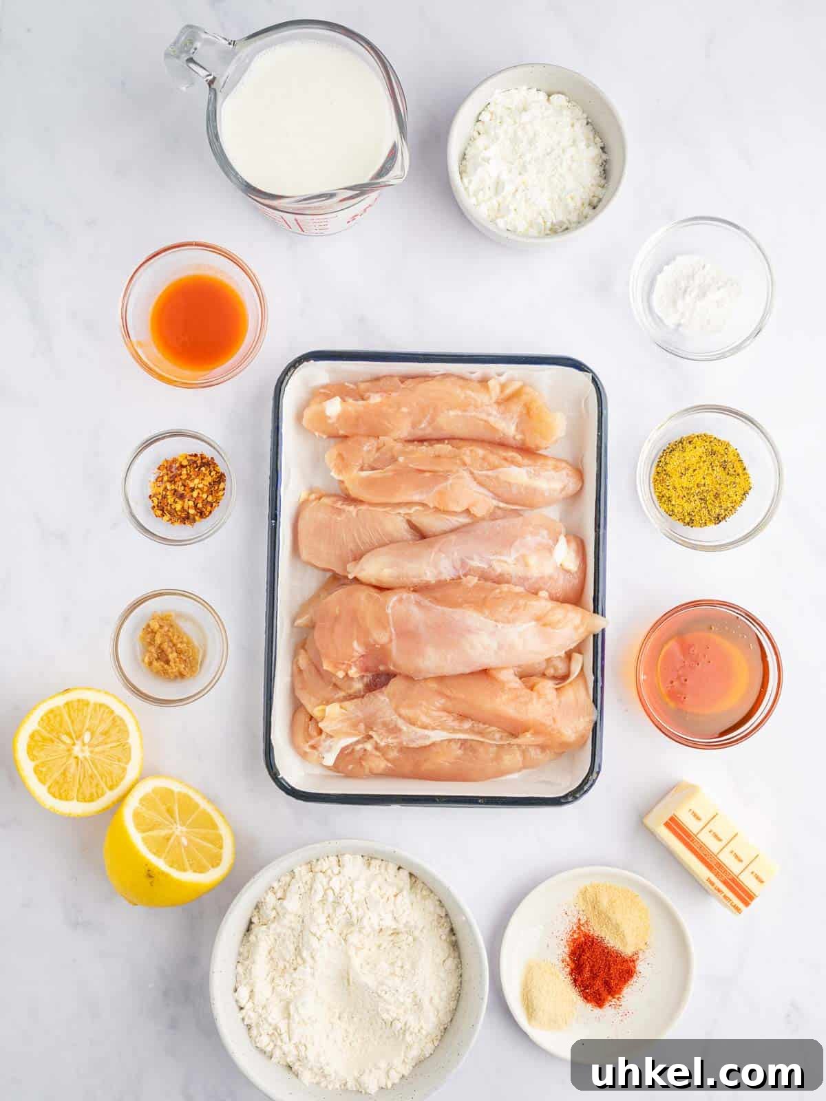 Crispy Lemon Pepper Chicken Strips Recipe 3 Ingredients needed for lemon pepper chicken strips.