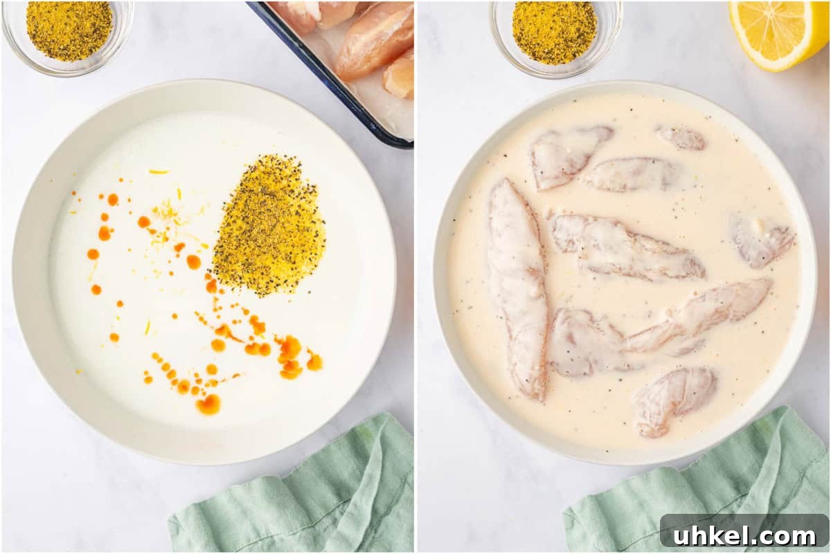 Crispy Lemon Pepper Chicken Strips Recipe 4 Marinating the lemon pepper chicken strip in buttermilk.