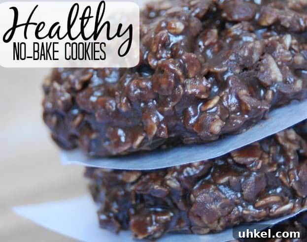 Image shows a close up of chocolate no -bake cookies stacked on one another. Text overlay reads 