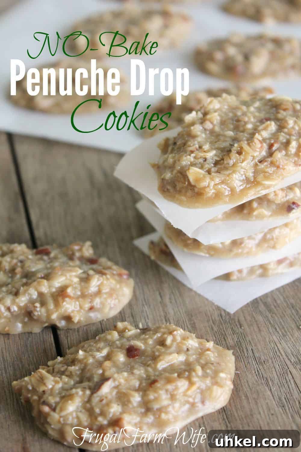 Photo shows a parchment paper with cookies in the background, and stack of No-Bake Penuche Drop cookies on a table. Text reads 