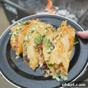 Garlic Shrimp Tacos with Spanish Flavors 12 A hand holding a plate with three Spanish garlic tacos, with pork skirt steak, Manchego cheese and garlic herb sauce
