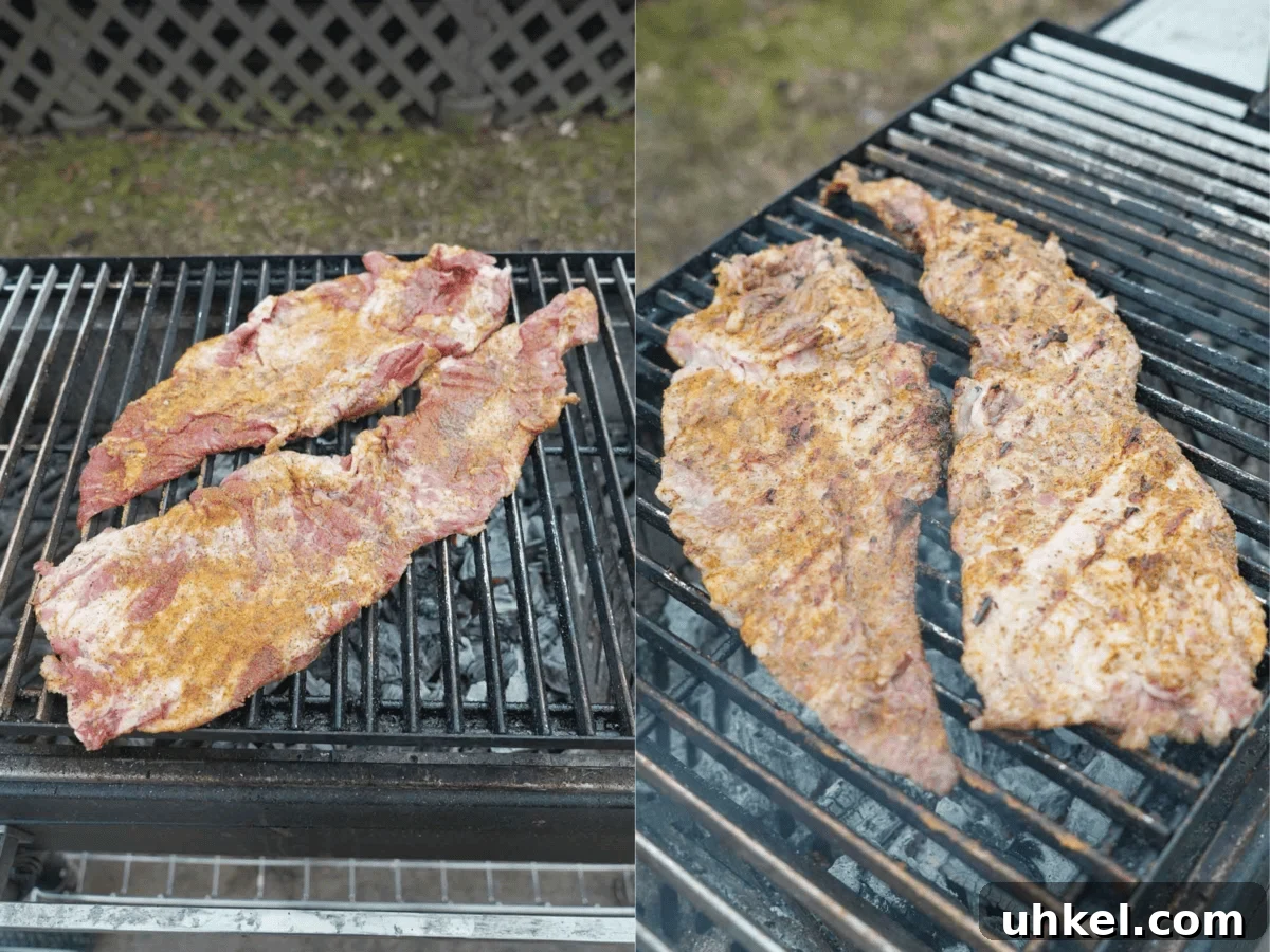 Garlic Shrimp Tacos with Spanish Flavors 5 Side by side photos of pork skirt steak on the grill, raw and then cooked