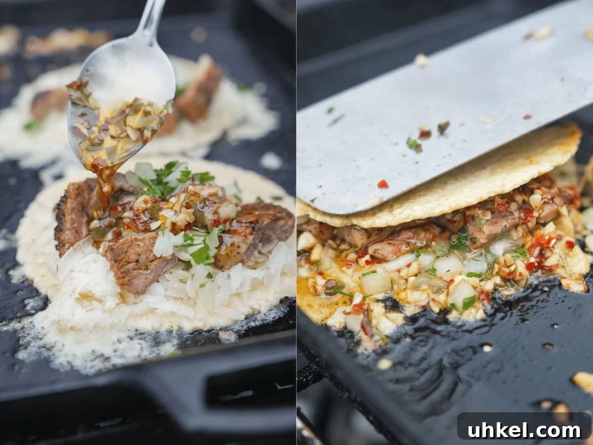 Garlic Shrimp Tacos with Spanish Flavors 6 Assembling Spanish garlic tacos on the griddle with tortillas