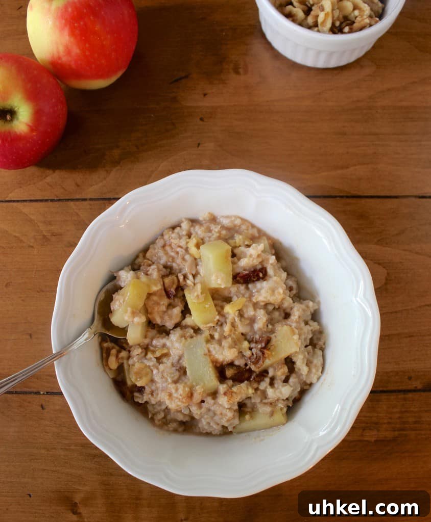 Packed with walnuts, raisins, and cinnamon, this apple pie oatmeal is healthy fall comfort food! Packed with walnuts, raisins, and cinnamon, this apple pie oatmeal is healthy fall comfort food!
