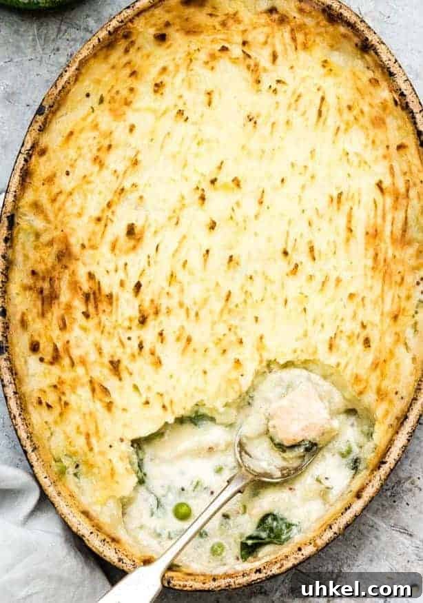 A creamy fish casserole topped with mashed potatoes. 