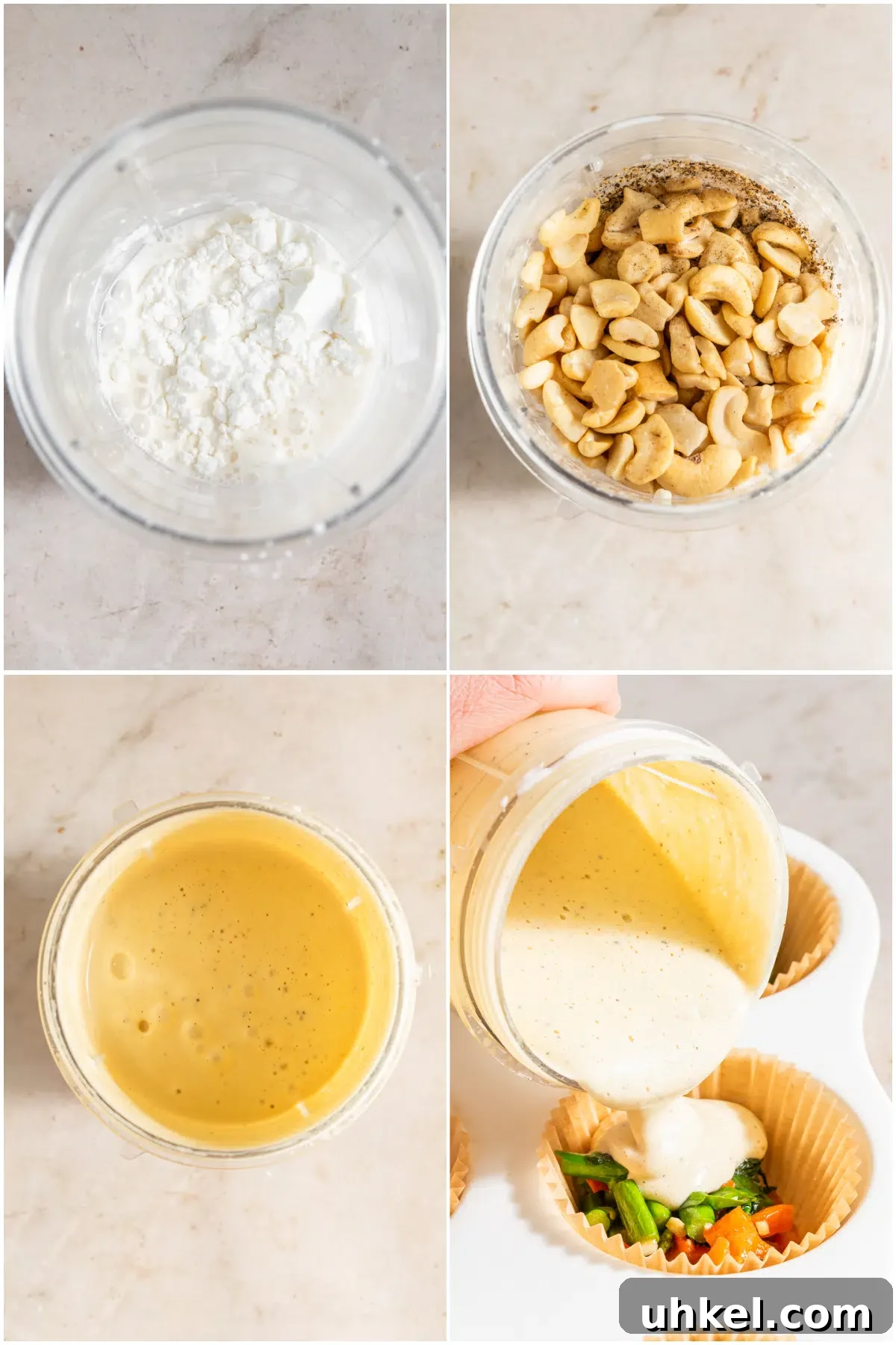 Vegan Egg Bites @spabettie #vegan #glutenfree #eggfree #breakfast #recipe Four image collage showing how to make vegan egg bites. Combine dry ingredients, add all ingredients to blender, blend and pour over veggies in a lined muffin tin.