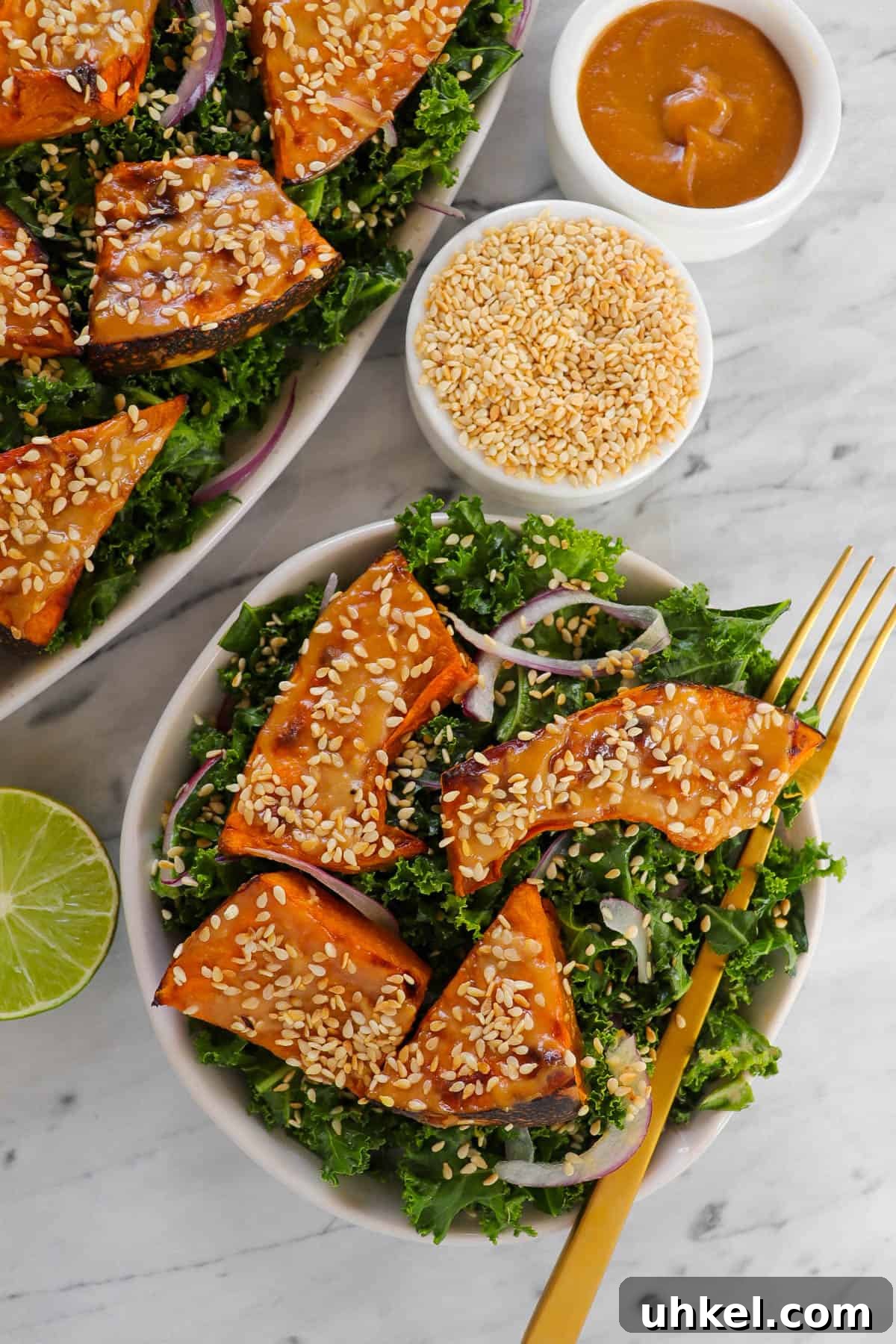 Miso-Glazed Pumpkin and Kale Salad with Toasted Seeds 3 Side plate serving of the salad.