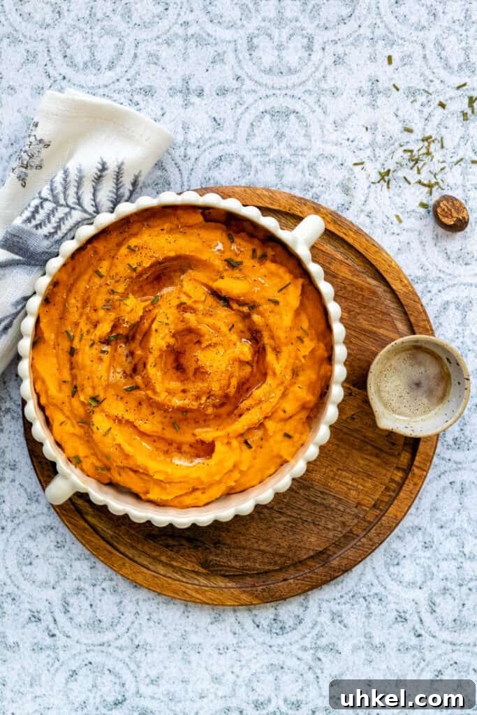 Bowl of mashed sweet potatoes with browned butter