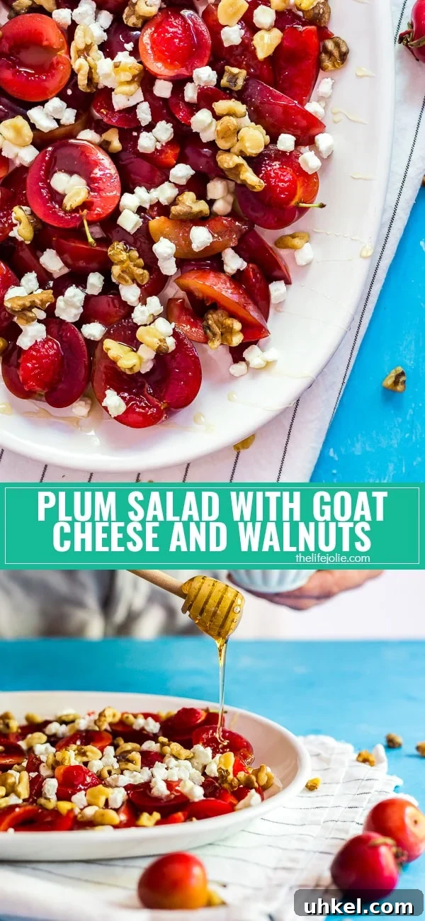 Roasted Plums with Goat Cheese and Toasted Walnuts 7 This Plums with Goat Cheese and Walnuts recipe is one of the best simple and easy summer salad dishes! Made with juicy plums, earthy goat cheese and crunchy walnuts and a drizzle of honey to finish. It's a healthy option and makes a great appetizer, side dish or dessert options that the whole family will enjoy!