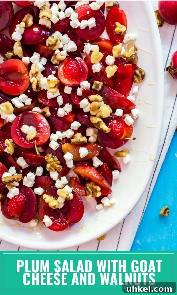 Roasted Plums with Goat Cheese and Toasted Walnuts 8 This Plums with Goat Cheese and Walnuts recipe is one of the best simple and easy summer salad dishes! Made with juicy plums, earthy goat cheese and crunchy walnuts and a drizzle of honey to finish. It's a healthy option and makes a great appetizer, side dish or dessert options that the whole family will enjoy!