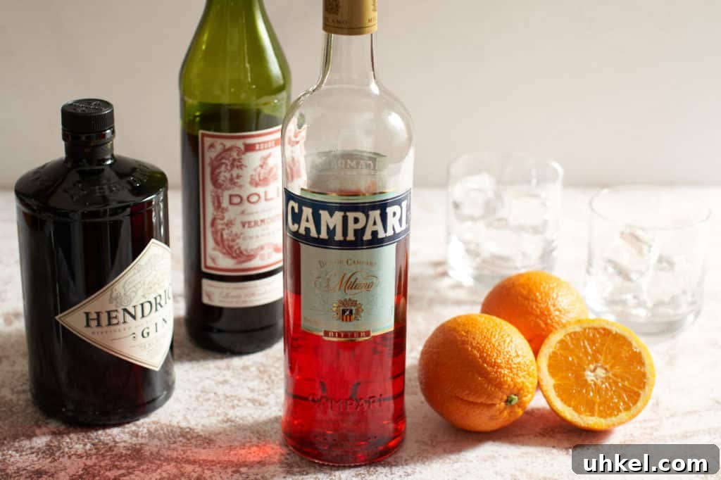 Classic Negroni Cocktail Recipe: How to Mix the Perfect Negroni 3 Bottles of gin, vermouth and Campari with oranges and two cocktail glasses.