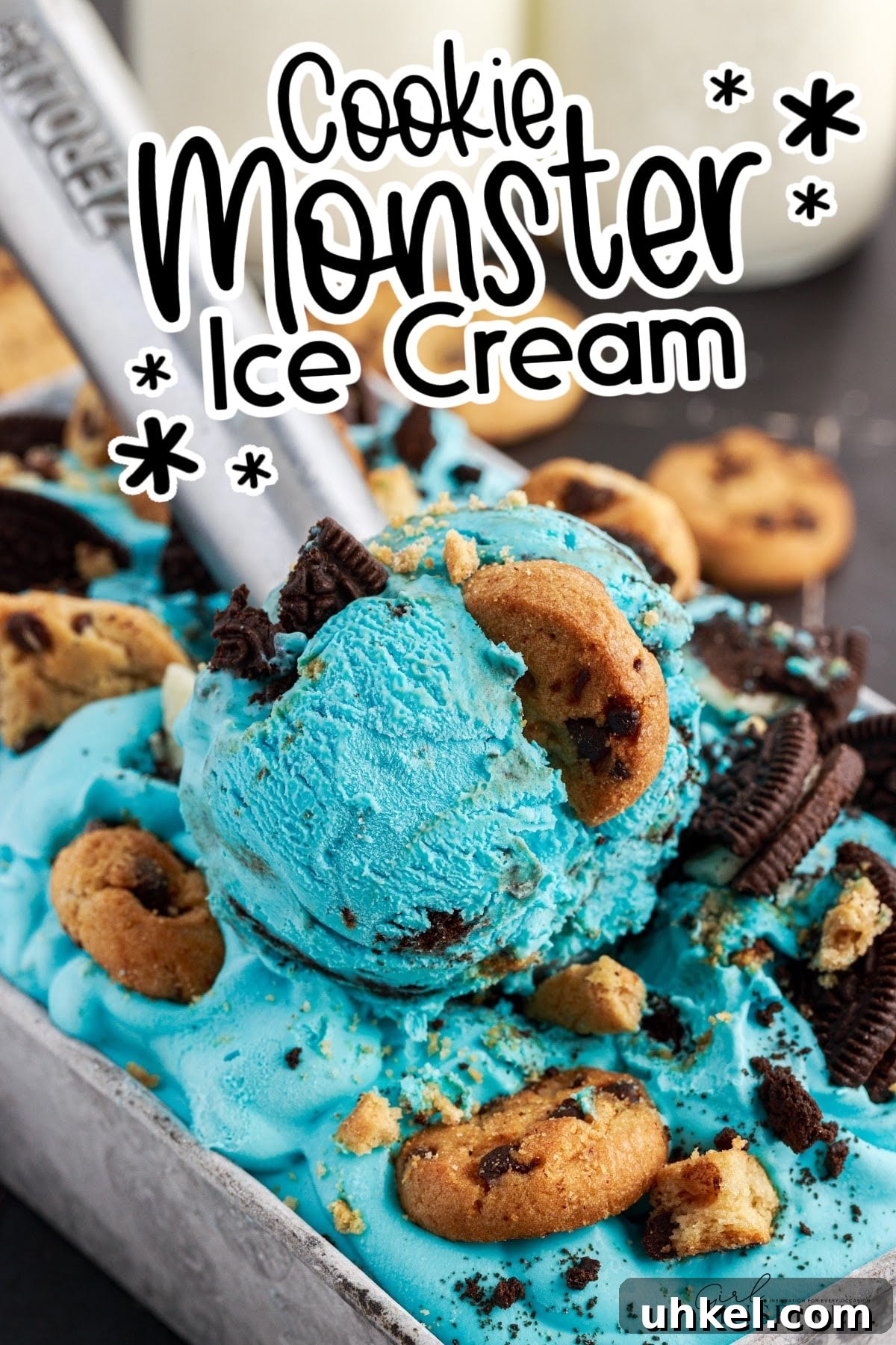 Metal spoon scooping cookie monster ice cream from loaf pan with text title overlay.