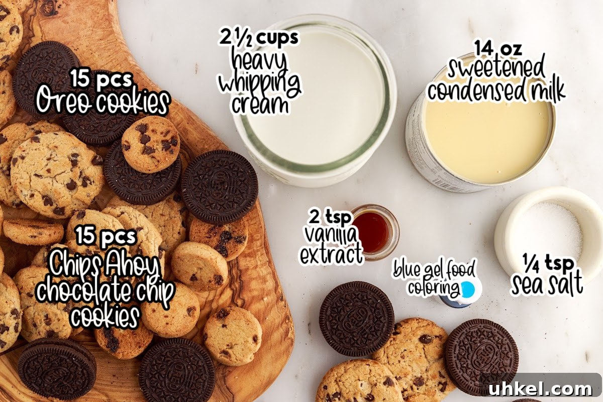 Ingredients needed to make Cookie Monster Ice Cream.