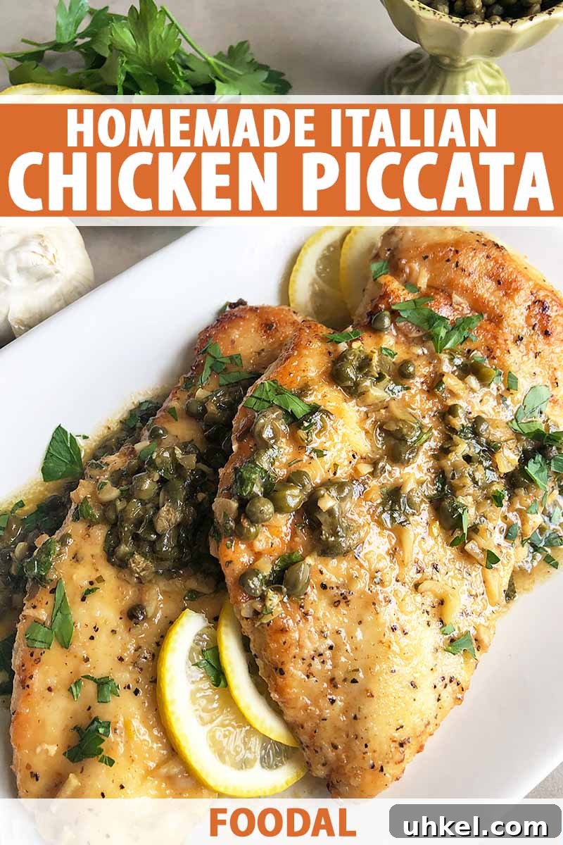Classic Chicken Piccata with Lemon Butter Sauce Recipe 2 Vertical image of cooked meat pieces on a white plate with a caper and citrus sauce, with text on the top and bottom of the image.