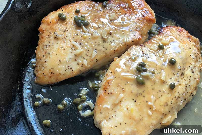 Classic Chicken Piccata with Lemon Butter Sauce Recipe 10 Horizontal image of two seared poultry breasts in a sauce with capers and minced garlic in a cast iron skillet.