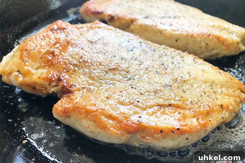 Classic Chicken Piccata with Lemon Butter Sauce Recipe 6 Horizontal image of seared poultry breasts in a cast iron skillet.