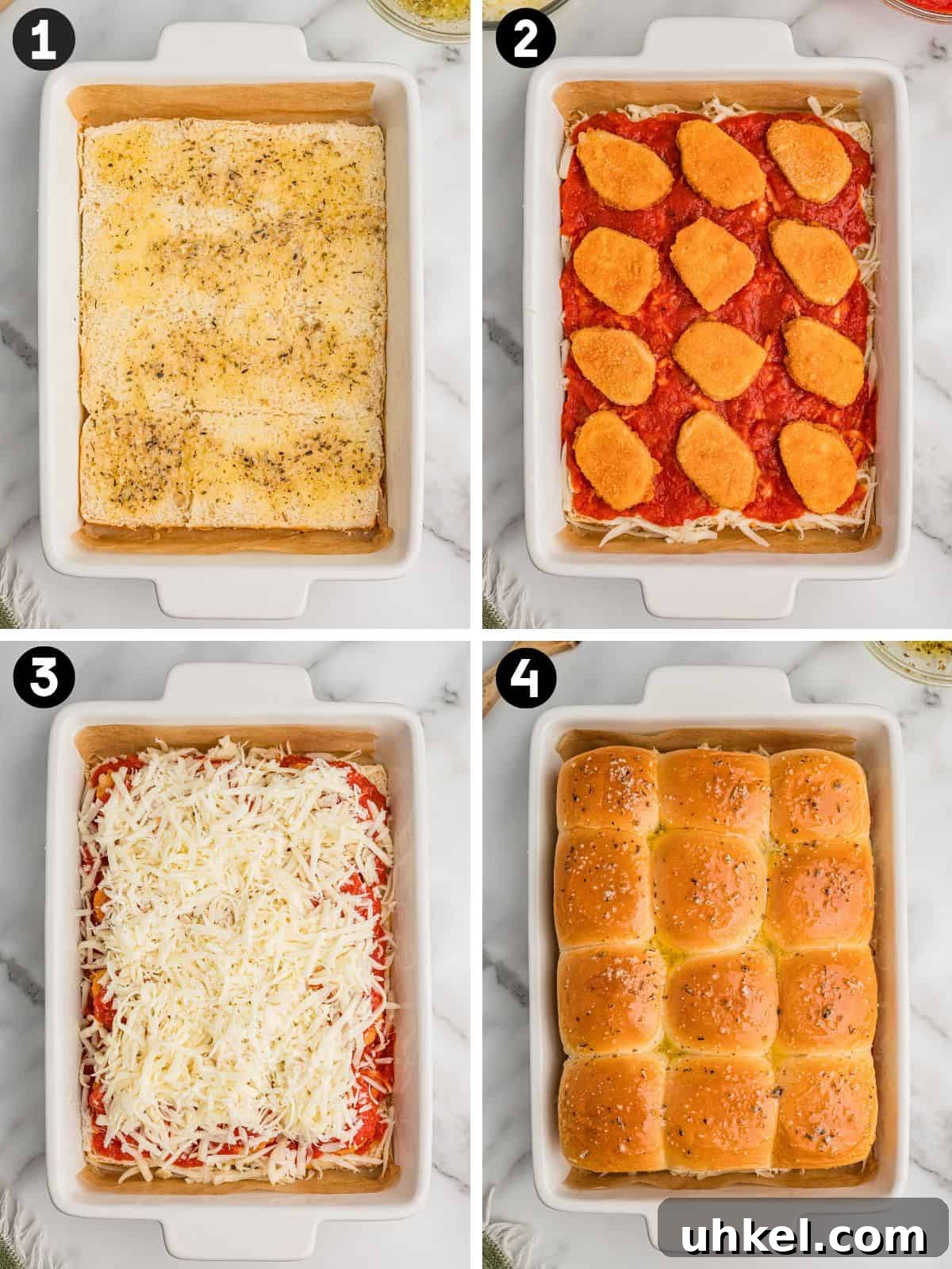 Chicken Parmesan Sliders Recipe: Crispy Mini Sandwiches 5 Four-step collage showing how to assemble chicken parmesan sliders with chicken nuggets.