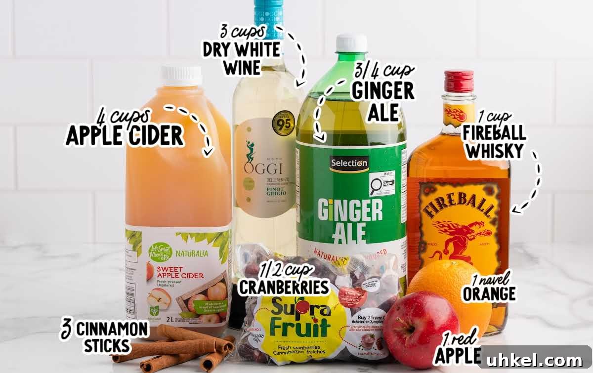 5-Minute Fireball Sangria Recipe for Quick Party Drinks 3 Ingredients for Fireball apple cider sangria including apple cider, white wine, ginger ale, Fireball whisky, orange, apple, cinnamon sticks, and cranberries.